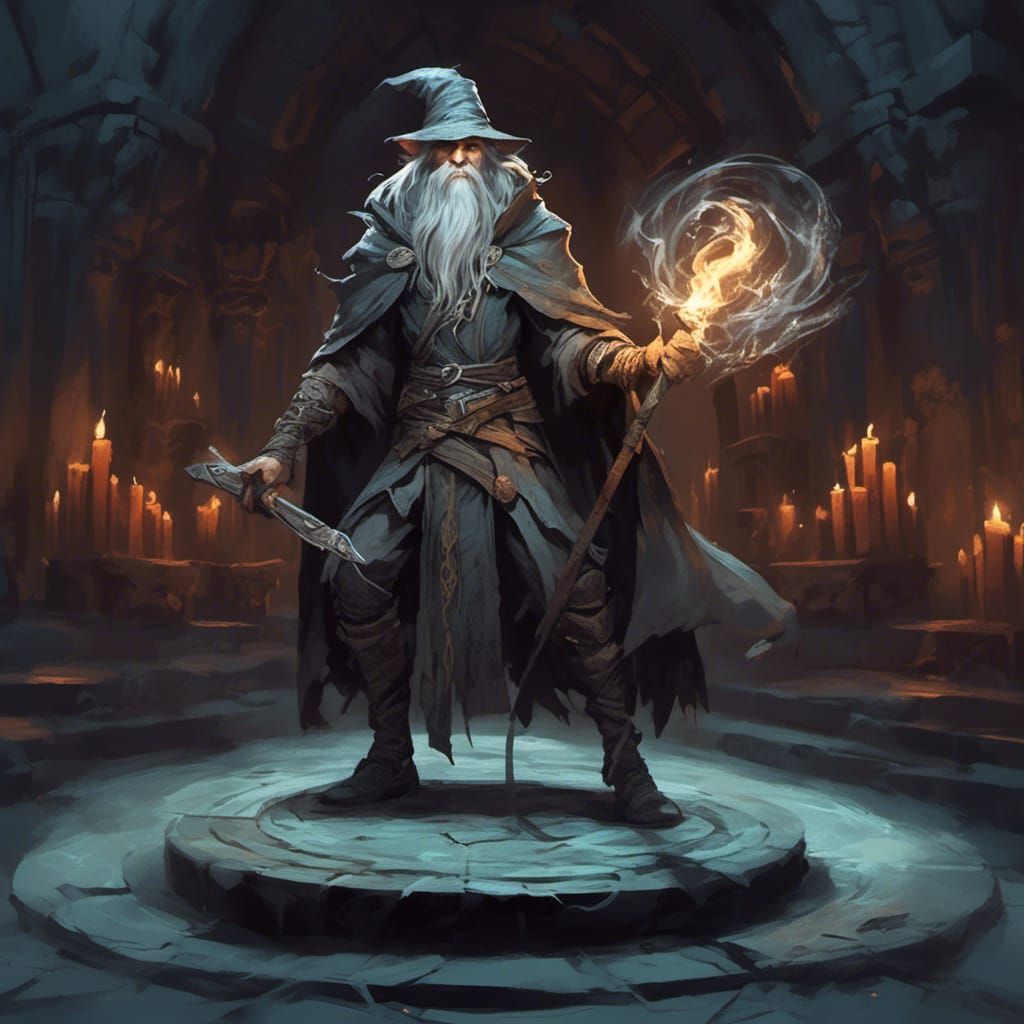 Ancient Elf Wizard in Shadowy Temple