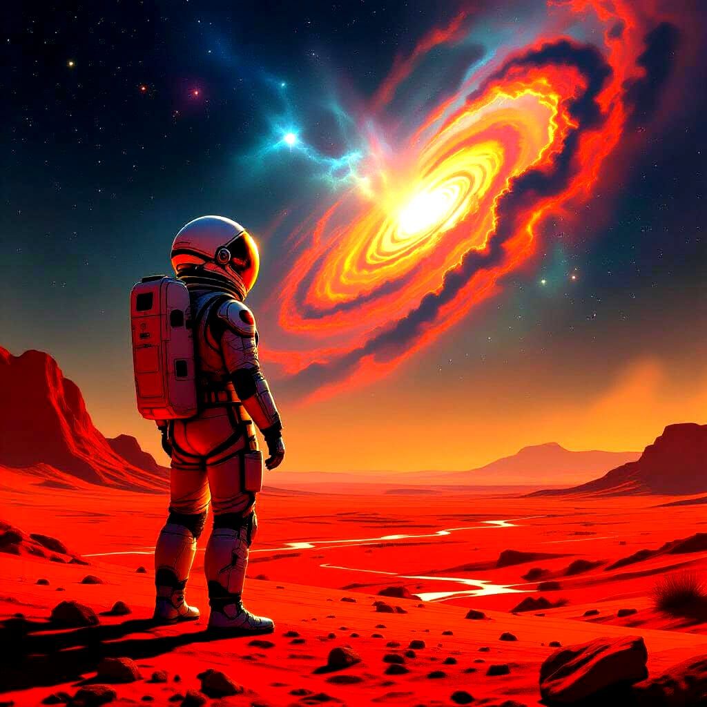 Astronaut Gazes at Nebula in Hyperrealistic Splash Art