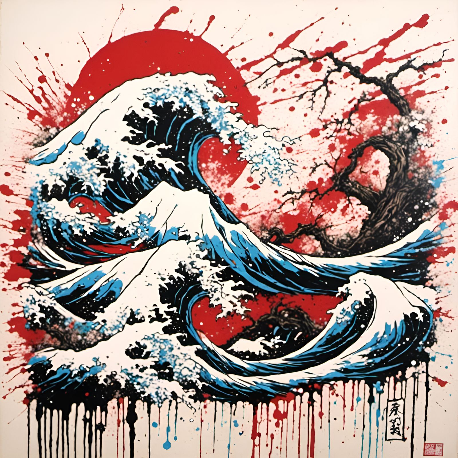 Japanese Art with Impasto and Splatter Graffiti