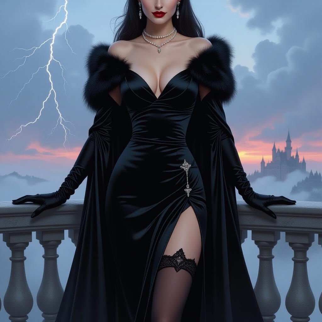 Dark Fantasy Noblewoman Assassin on Castle Balcony