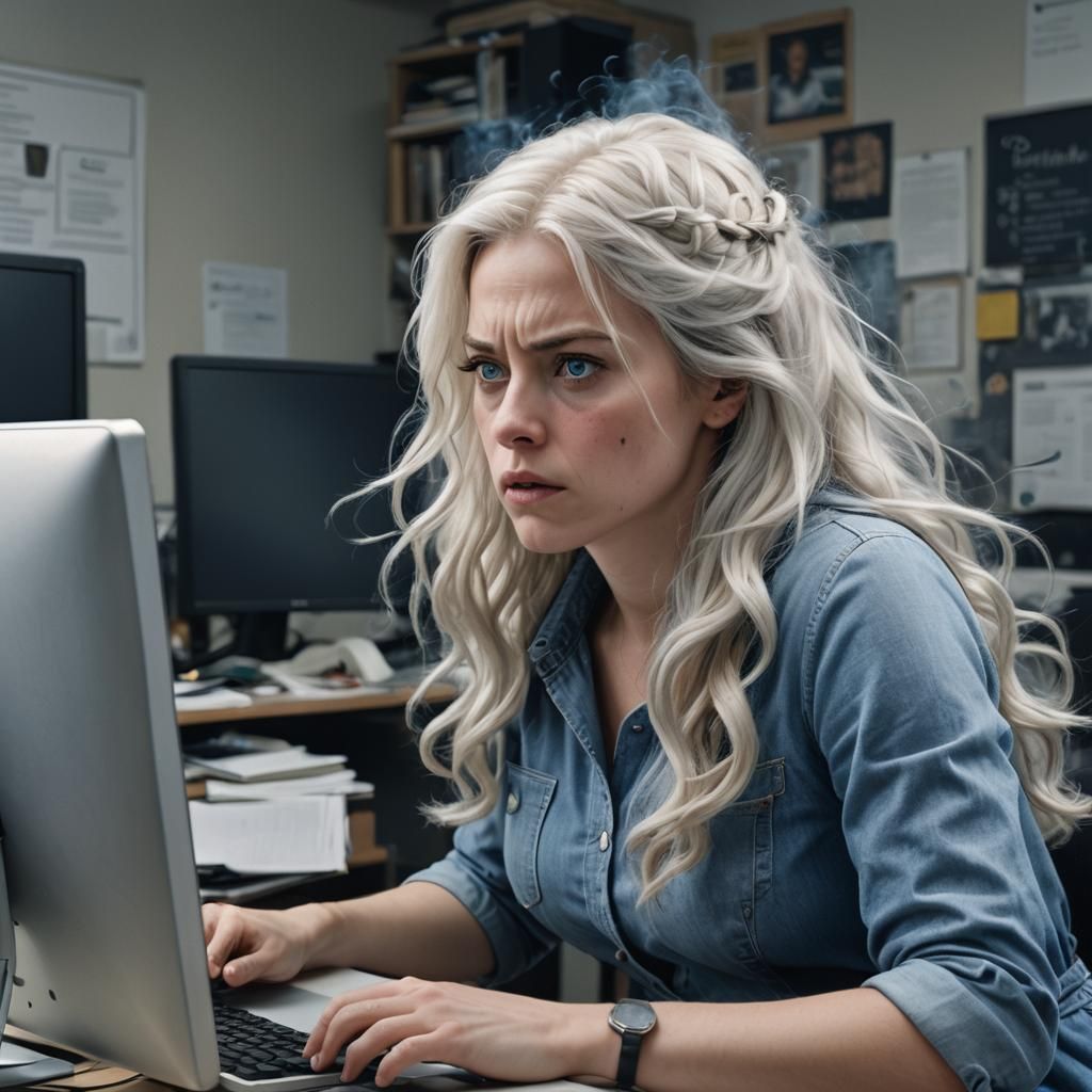 Angry Woman at Computer in Hyperrealistic Digital Art