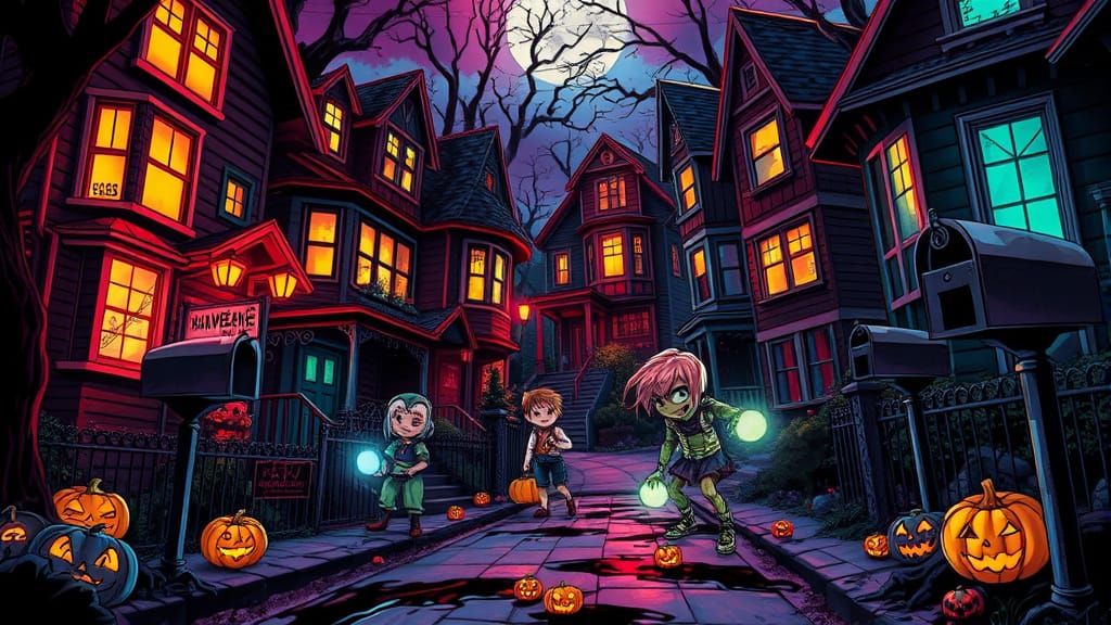 Living Halloween Street with Biomechanical Trick-or-Treaters