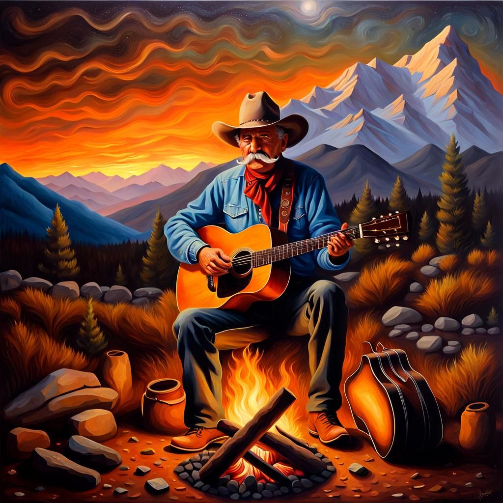 Cowboy Guitar Serenade at Dusk: Photorealistic Oil Painting
