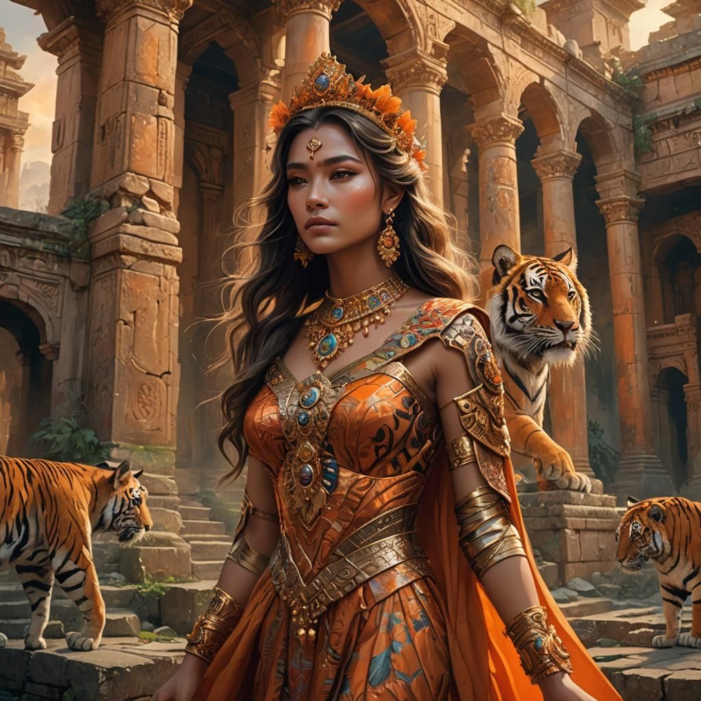 Tiger Queen in Mystical Ruins: Pre-Raphaelite Style