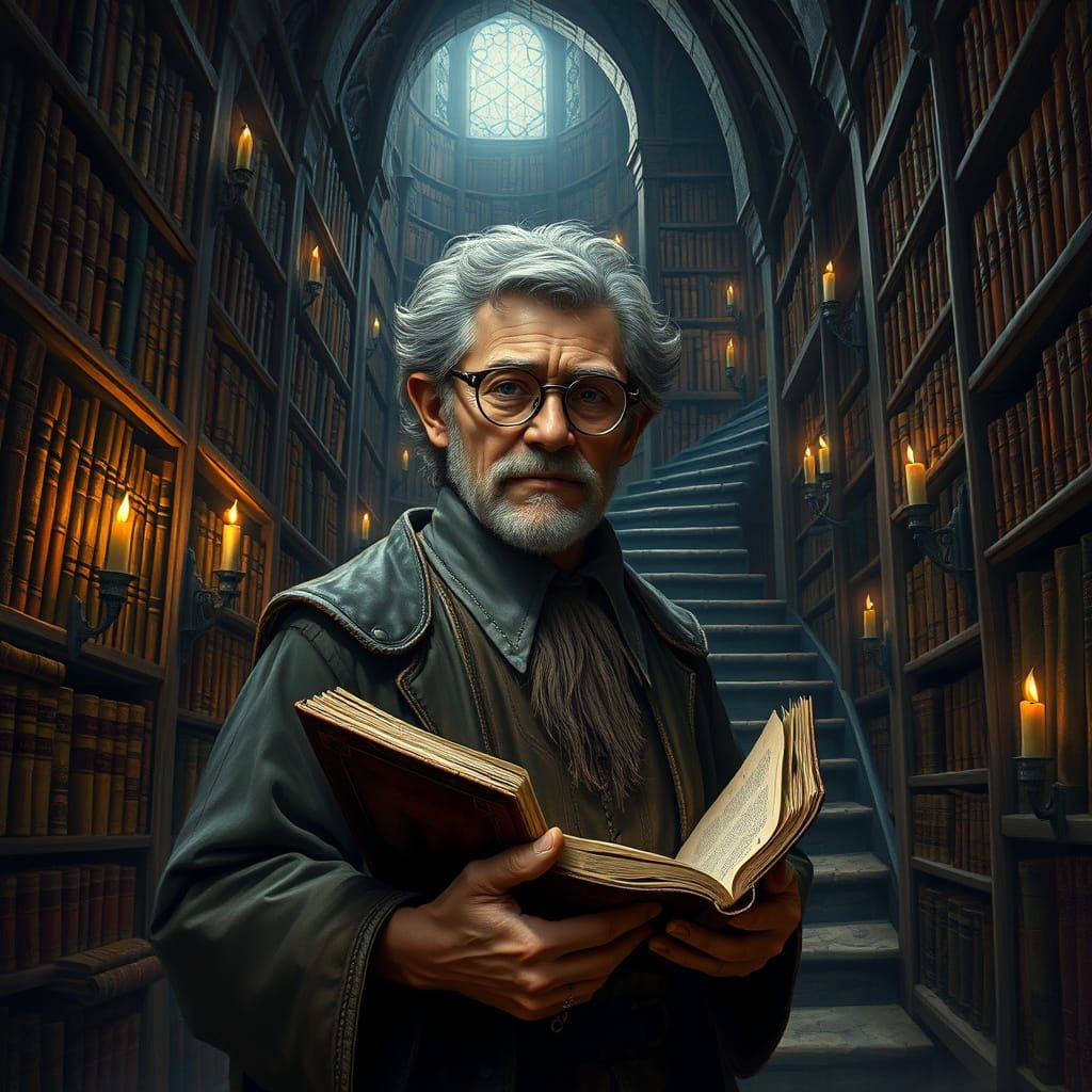 Hobbit Professor in Gothic Library, Dark Fantasy Art