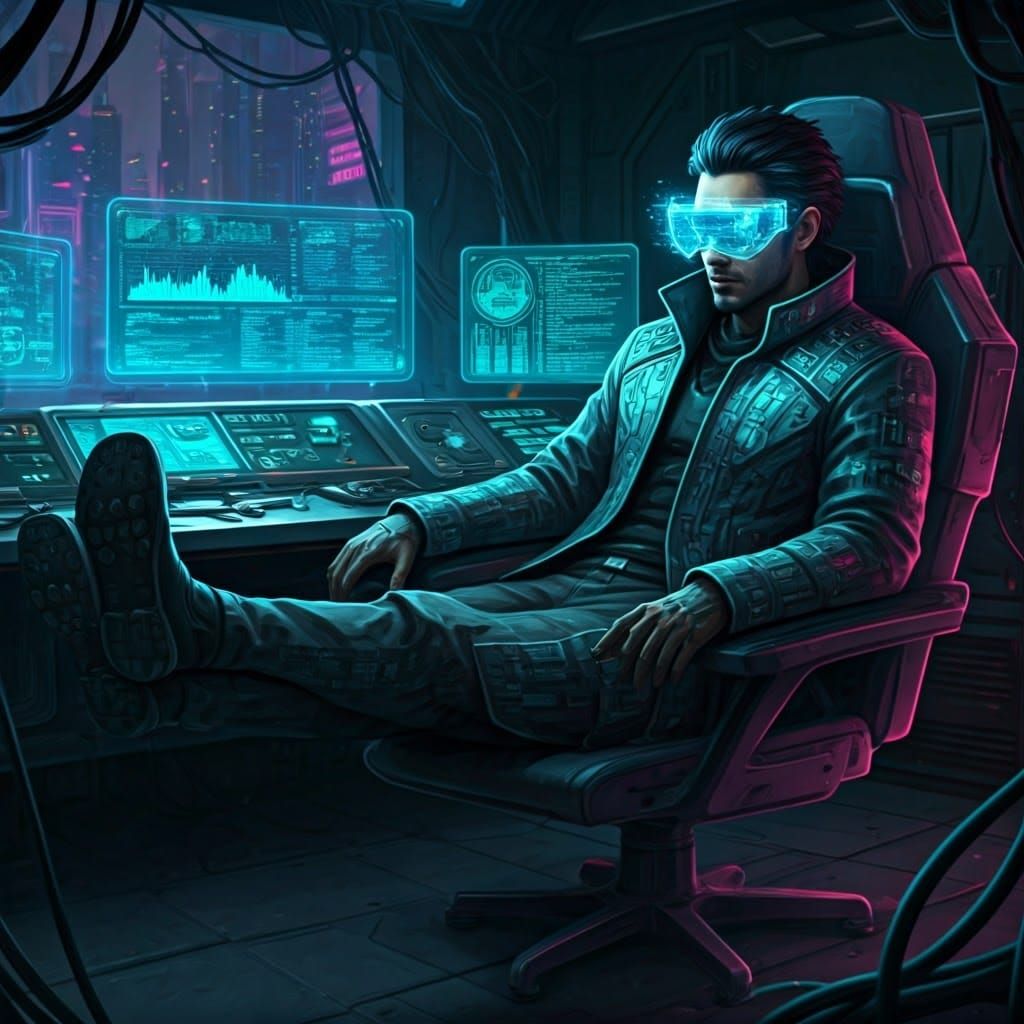 Cyberpunk Netrunner in Neon-Lit Control Room