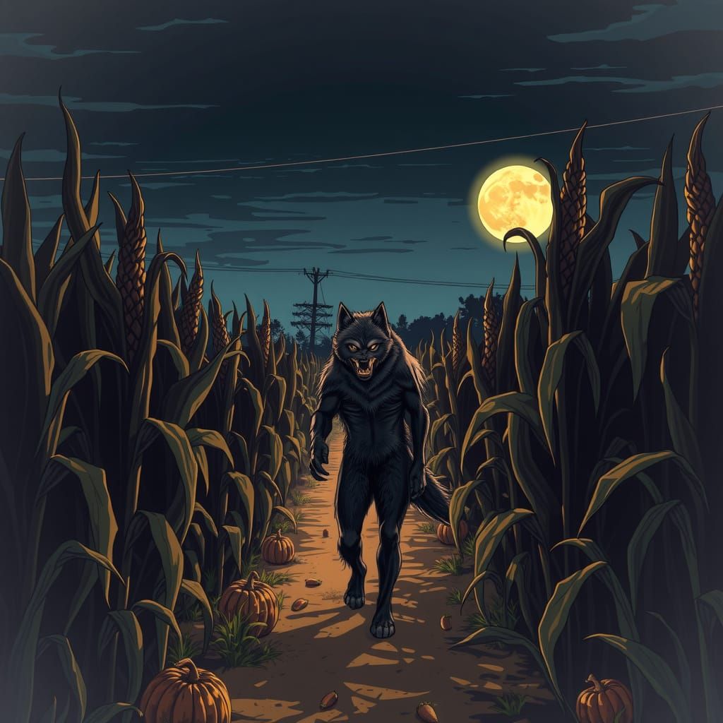 Werewolf in Corn Maze Under Full Moon Anime Style