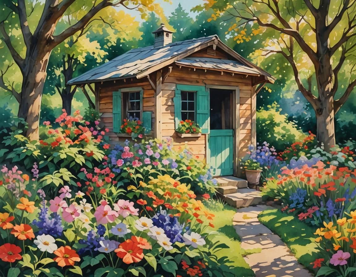 Garden Shed in Impressionist Style with Flowers and Trees