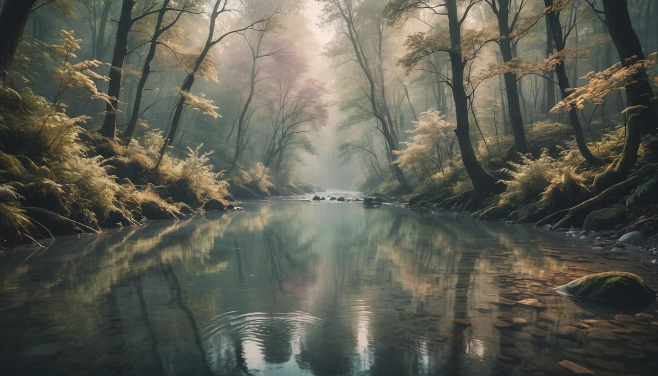 Dreamy Forest River in Film Noir Style