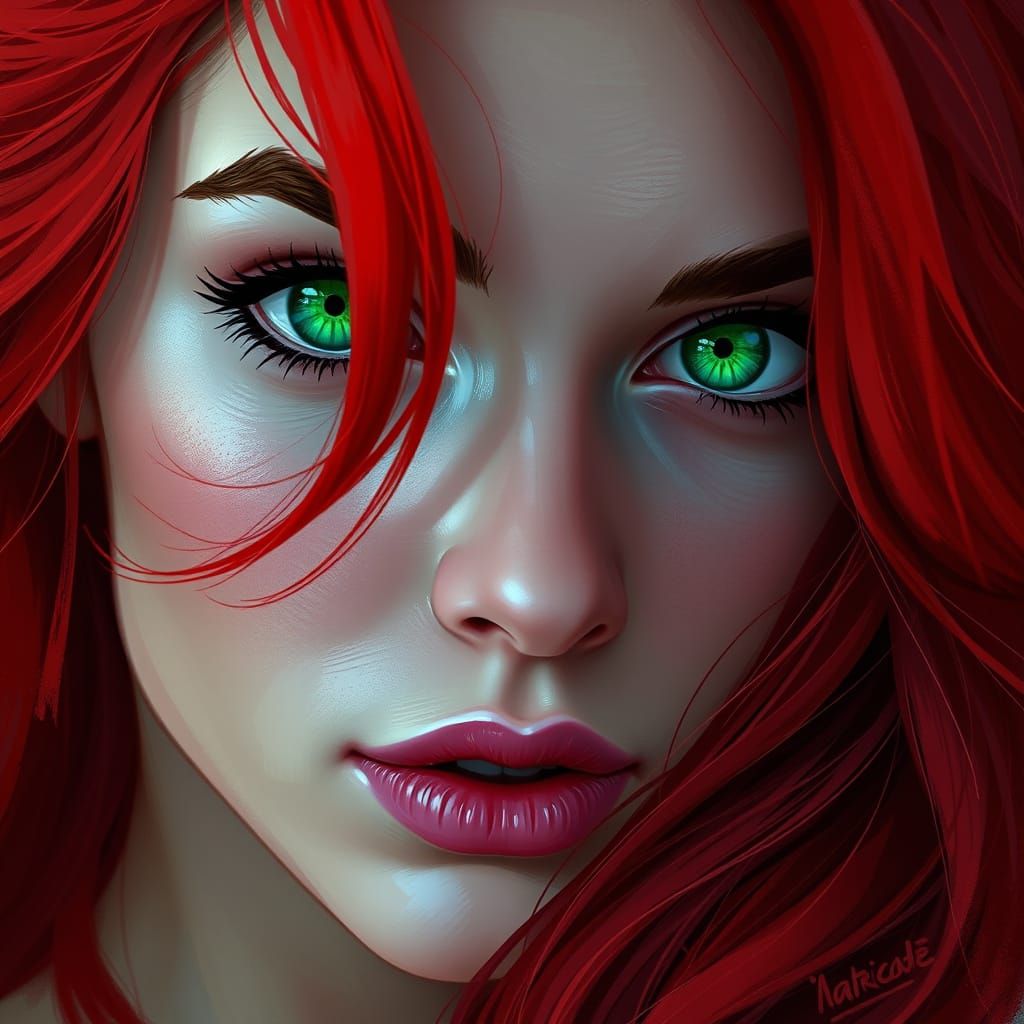 Ruby Red Pinup Girl with Piercing Green Eyes