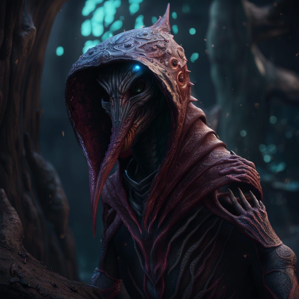 Fantastical Hooded Alien Creature in Detailed Matte Painting