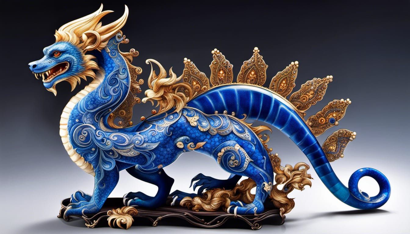 Lapis Lazuli Faberge Dragon Statue in Cel-Shaded Style