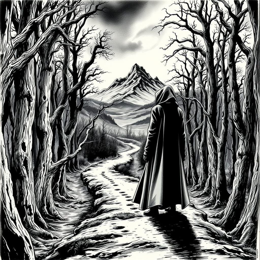 Figure Contemplates Journey Through Haunting Landscape