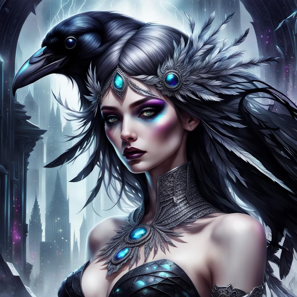 Raven Girl in Futuristic City, Digital Art