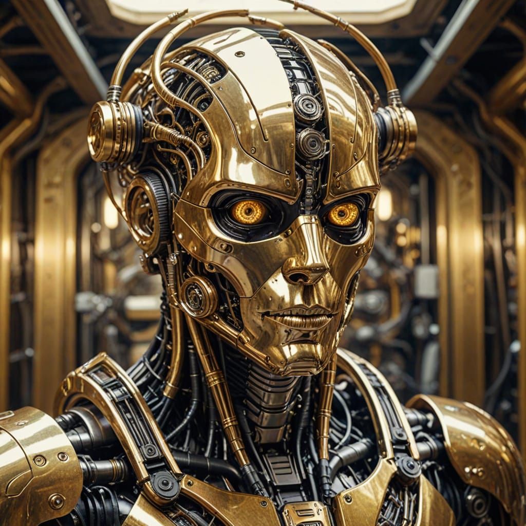 Heroic Cyborg Man in Metallic Gold Exoskeleton