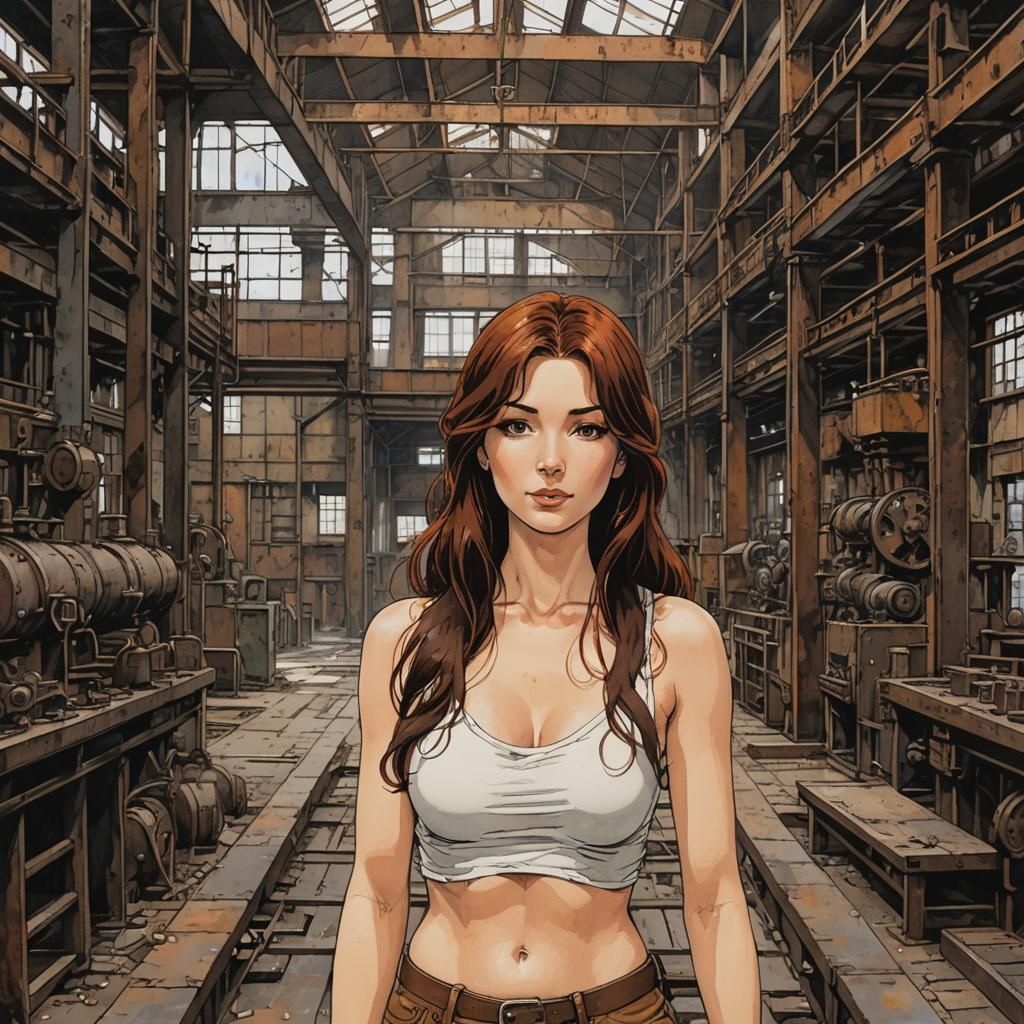 Nude Redhead in Rusty Factory, Comic Book Style