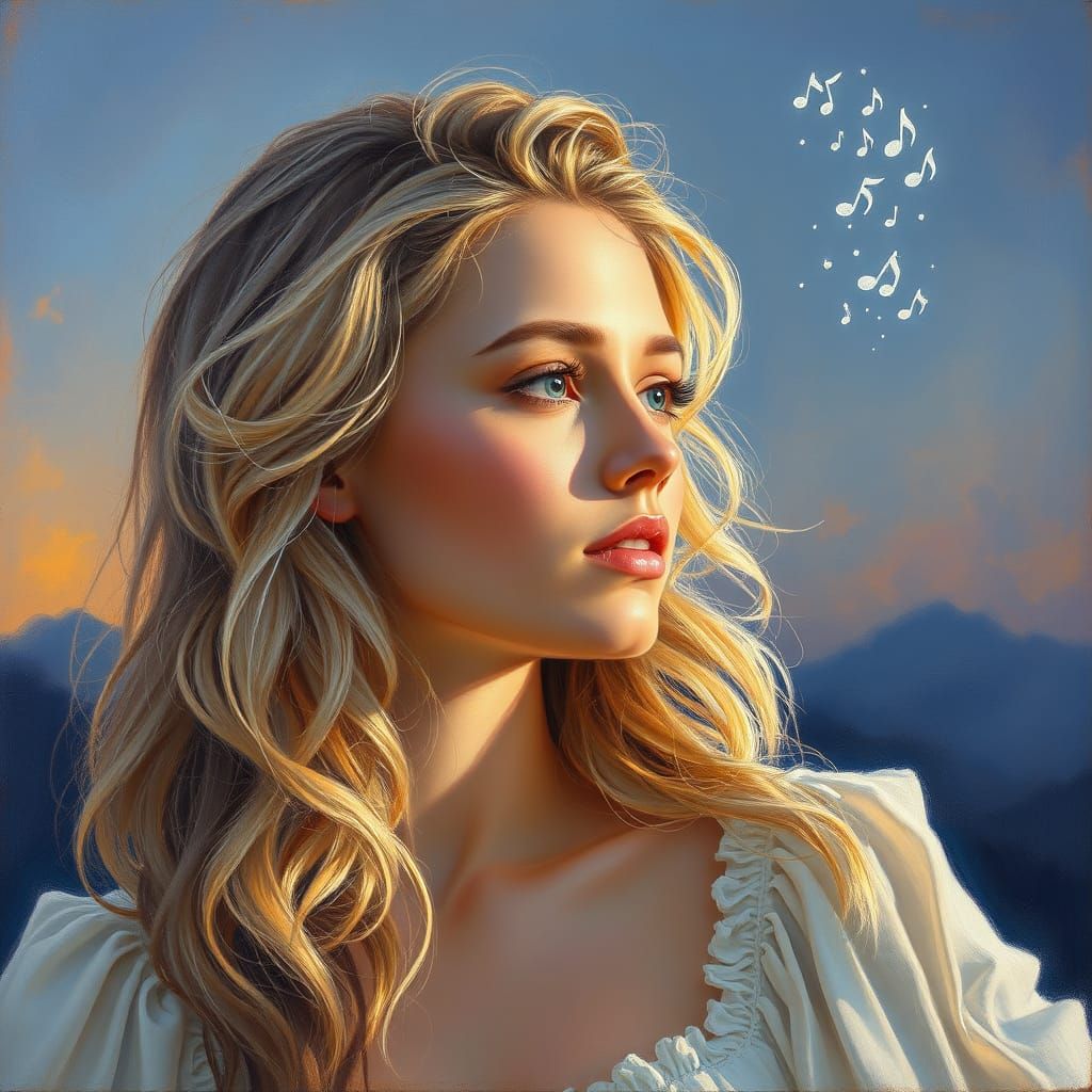 Romantic Oil Painting of a Lovely Young Woman in Twilight