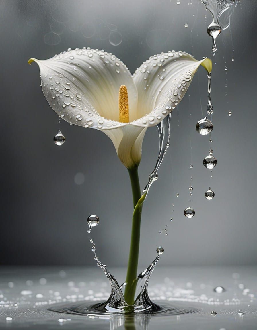 Ethereal Calla Lily Frozen in Serene Dance with Water Drople...