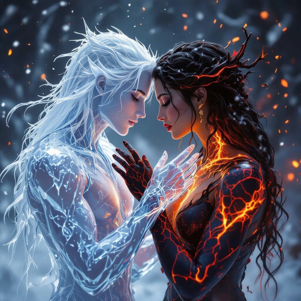 Elemental Lovers Dance: Fire and Ice Embrace