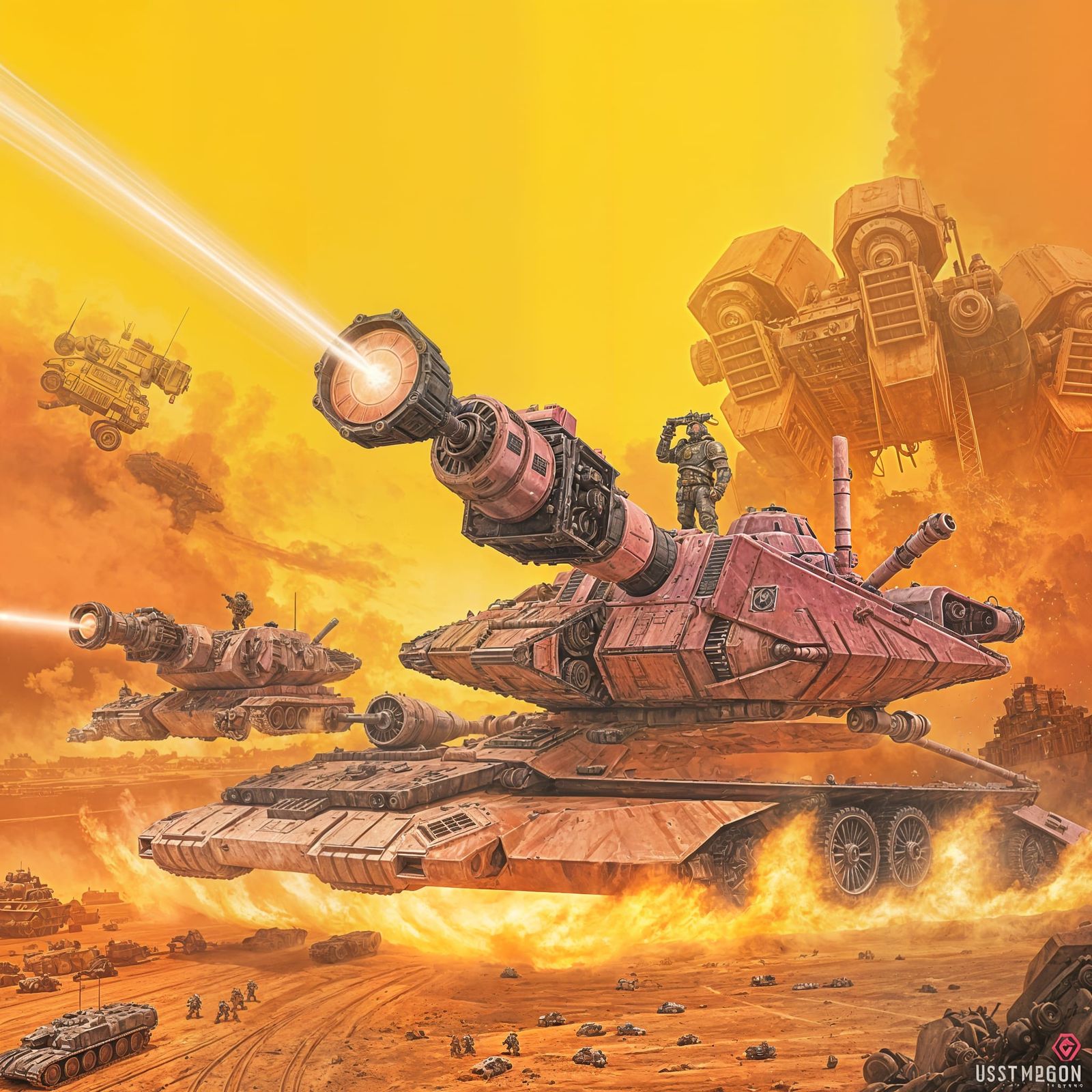 Camouflaged Hover Tank Soaring Through Red Dust