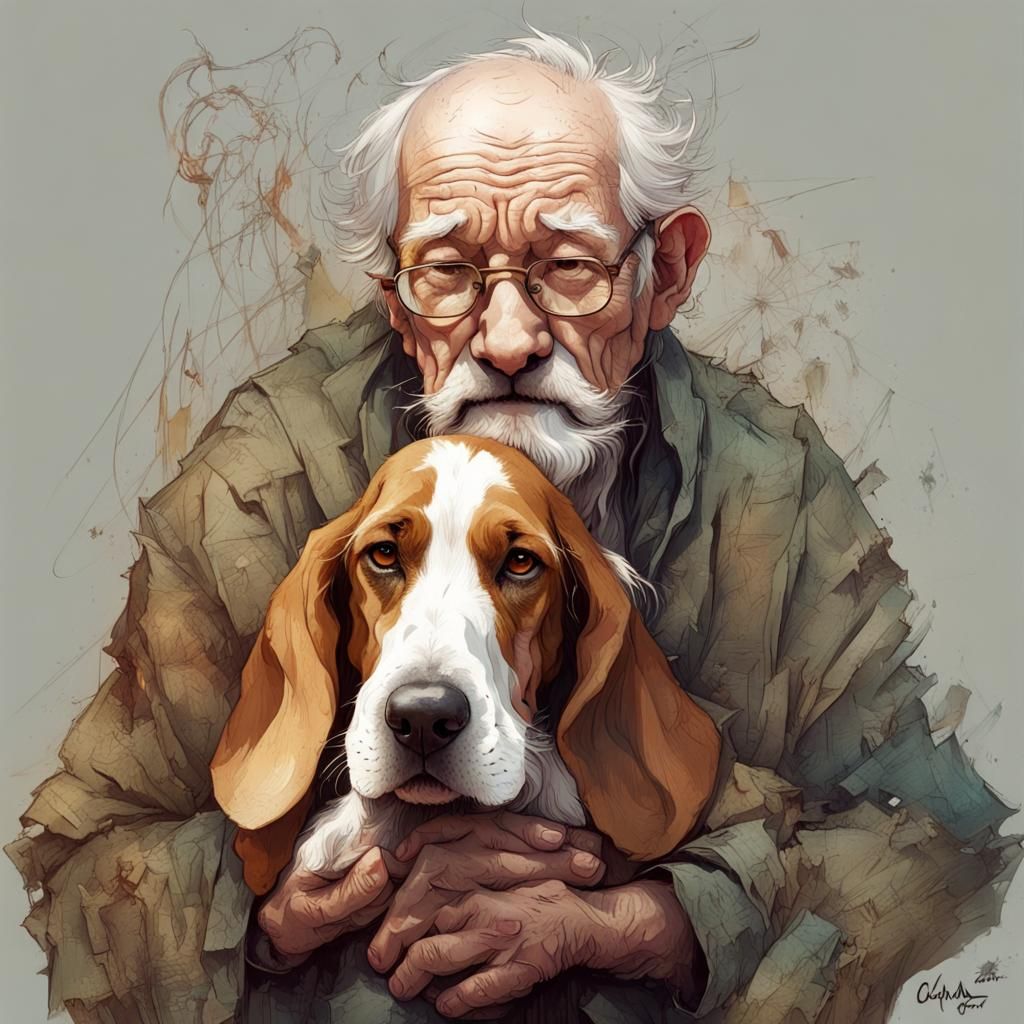 Wrinkled Gentleman Smiles with Loyal Basset Hound in Vibrant...