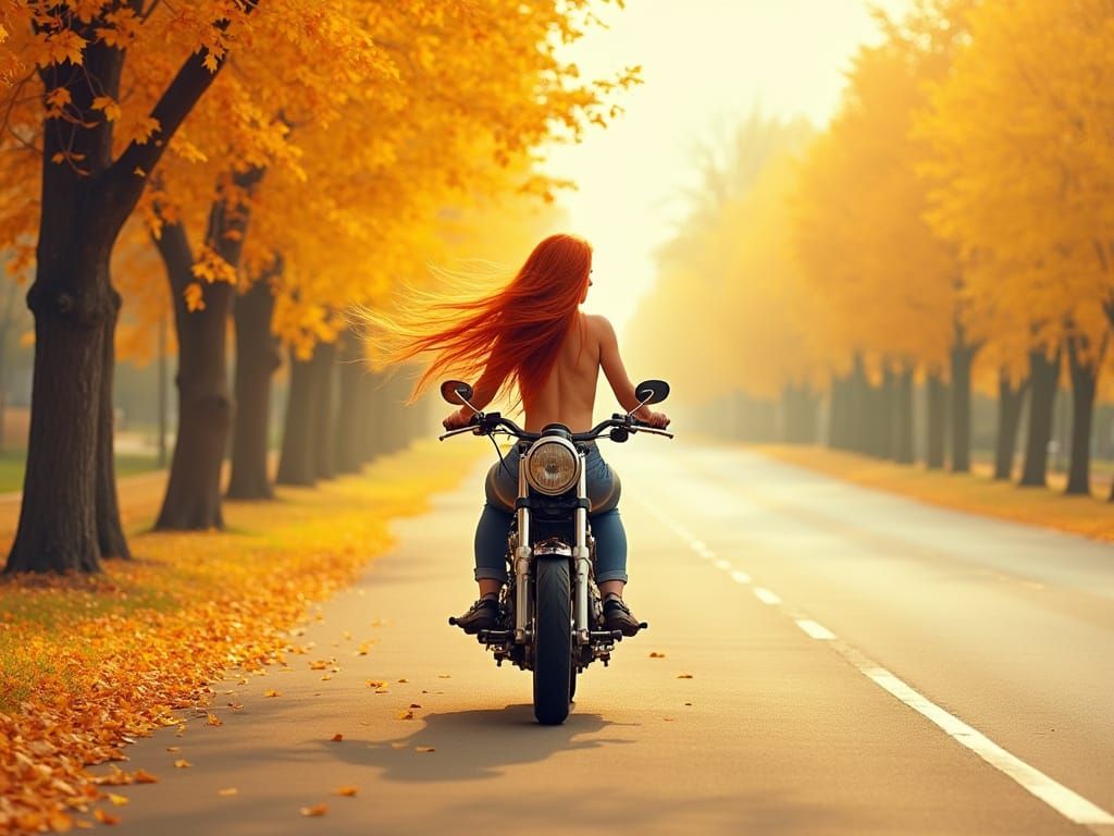 Woman on Motorcycle Amidst Autumn Scenery
