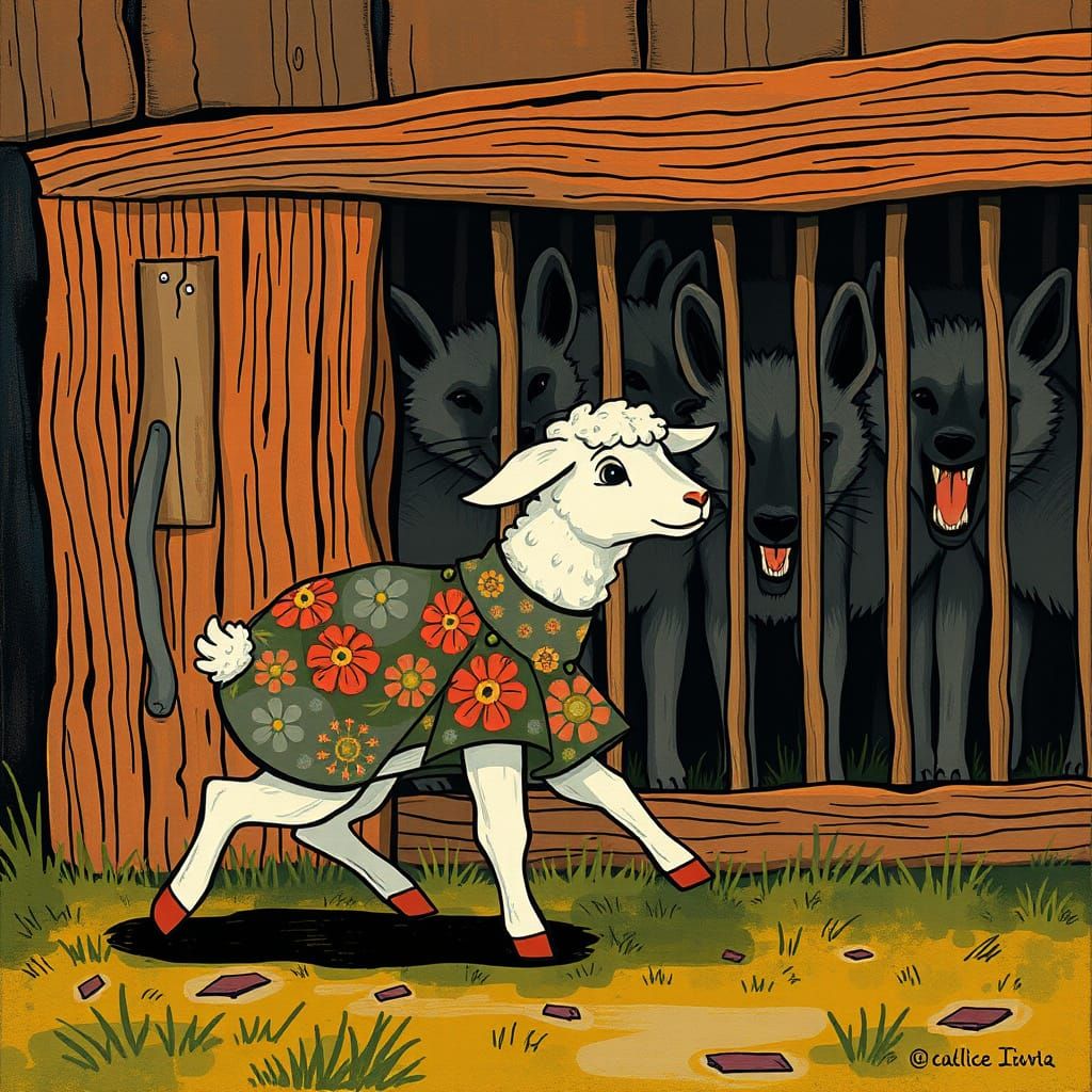 Lamb Trots Past Hyenas in 1930s Cartoon Style
