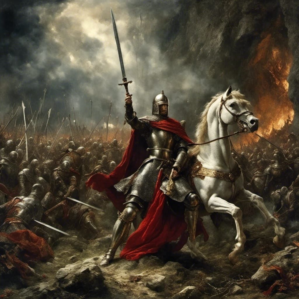 King Arthur Raises Excalibur in Battle