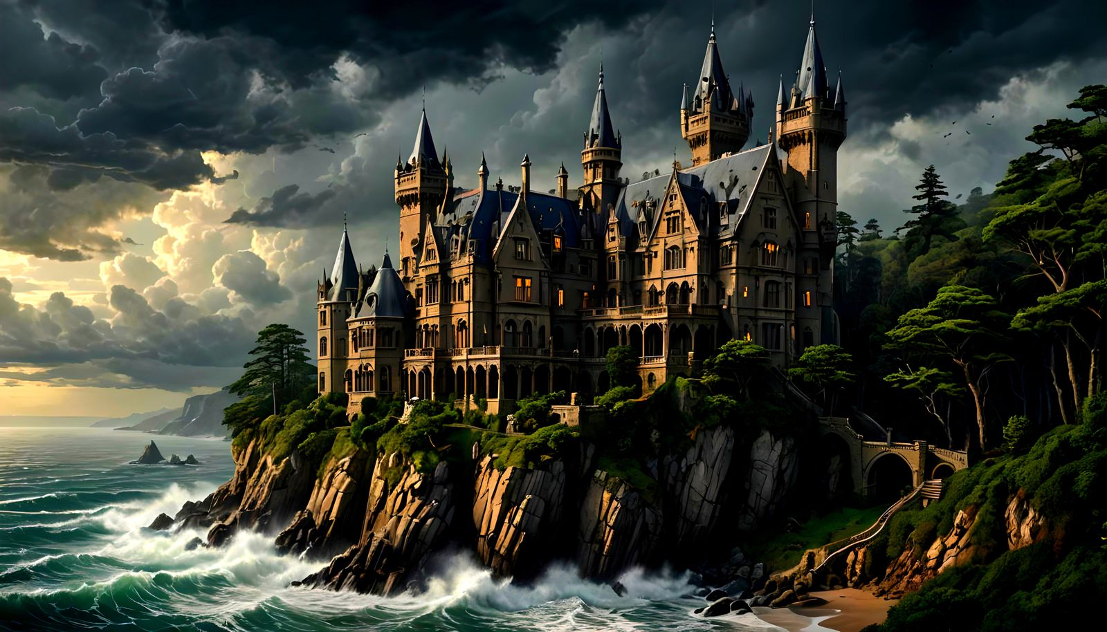 Gothic Mansion Overlooking Stormy Sea, Horror Illustration