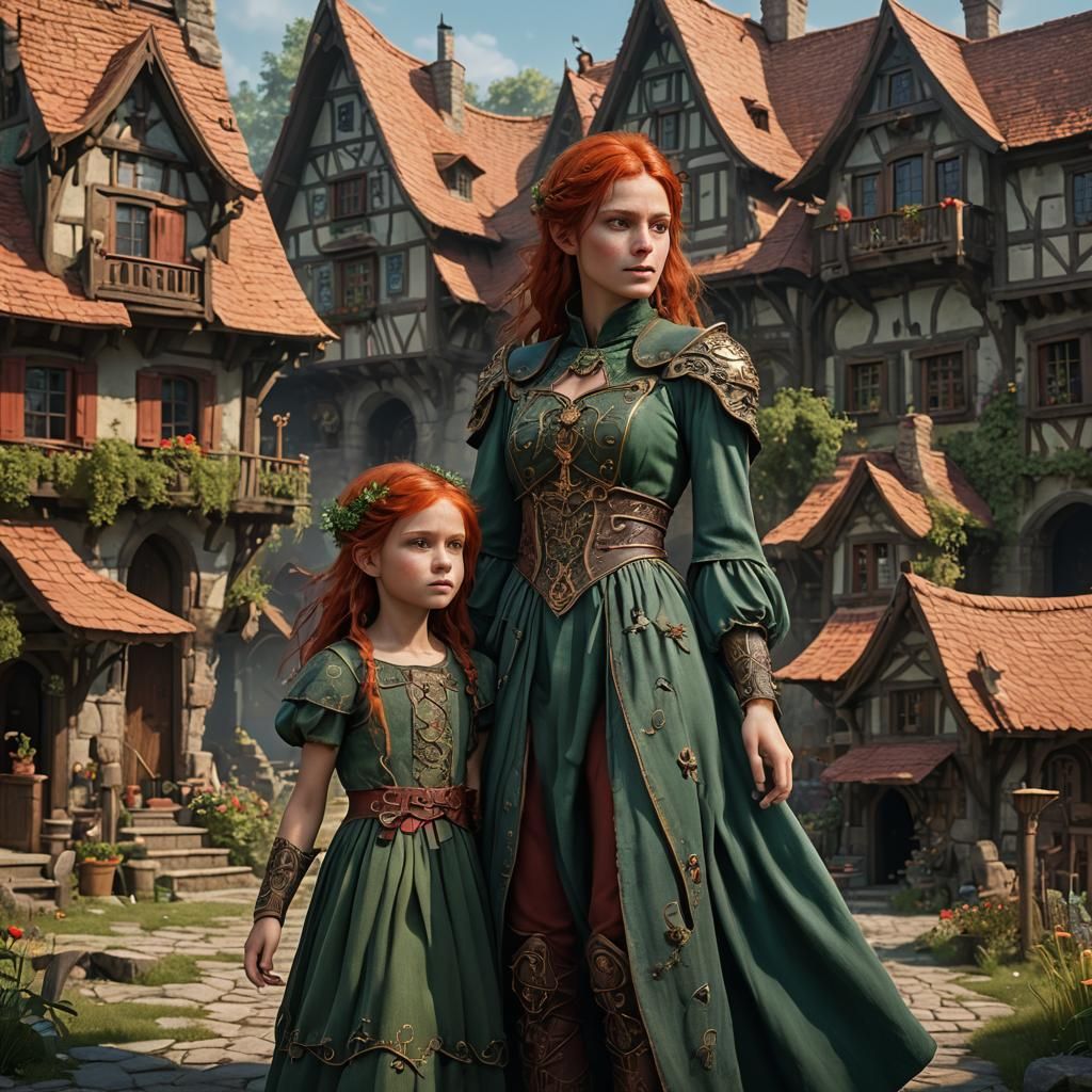 Red-Haired Elf Girl in Front of an Elf House