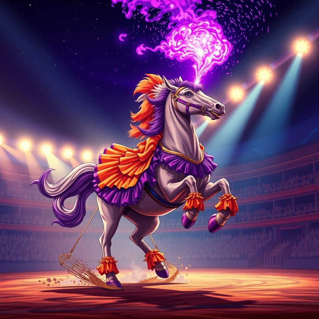 Majestic Circus Unicorn Clown Erupts in Vibrant Flames