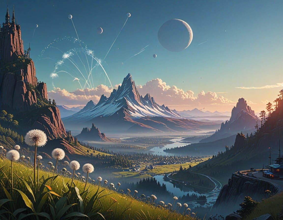 Surreal Cityscape Dreamscape with Majestic Dandelion and Thr...