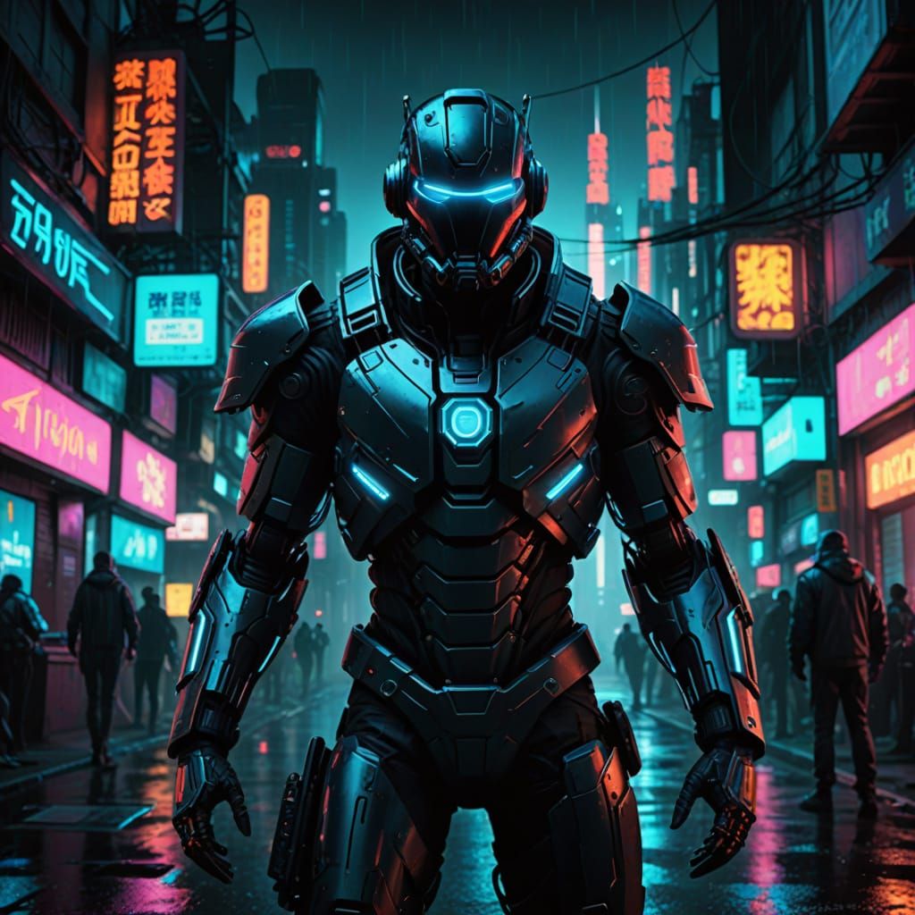 Cyberpunk Warrior in Neon-Lit Cityscape