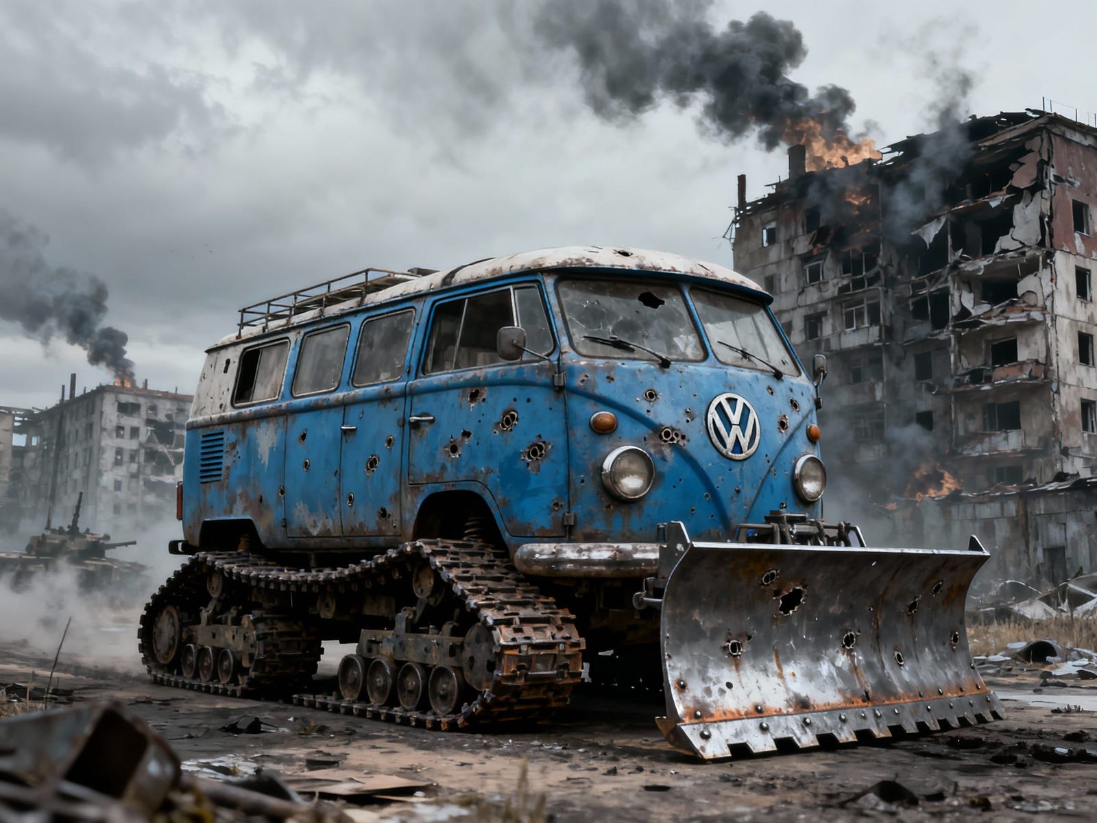Post-Apocalyptic VW Camper Van with Tank Treads and Snow Plo...