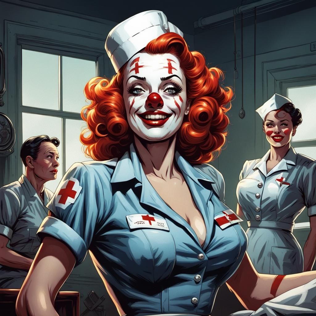 1940s War Nurse Pinup Clown Comic Art