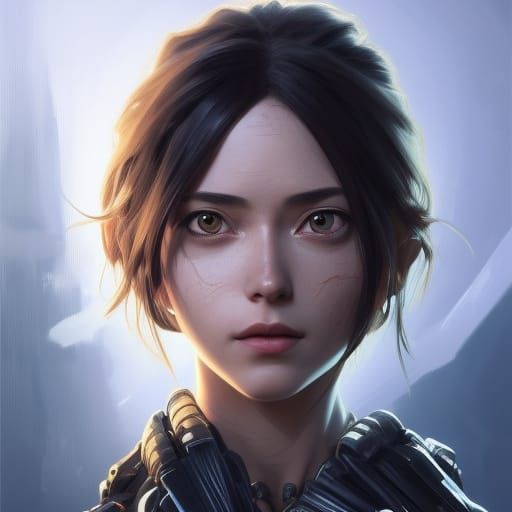 Alita with Sword: Hyperdetailed Portrait in Art Nouveau Styl...