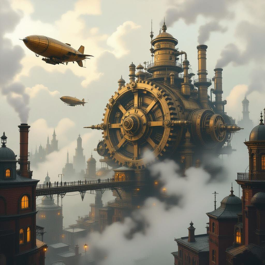Steampunk Cityscape on Giant Gears in Industrial Smog