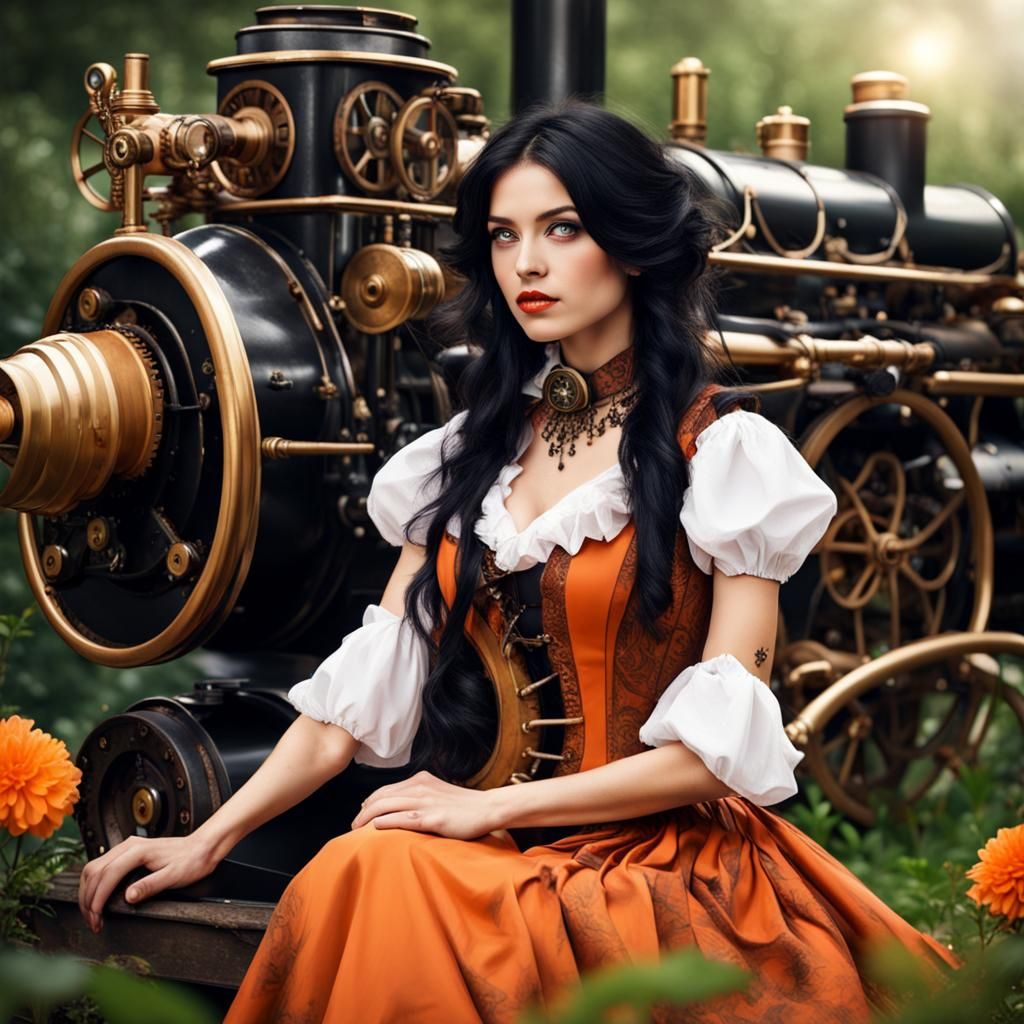Petite Woman with Steampunk Engine in Garden