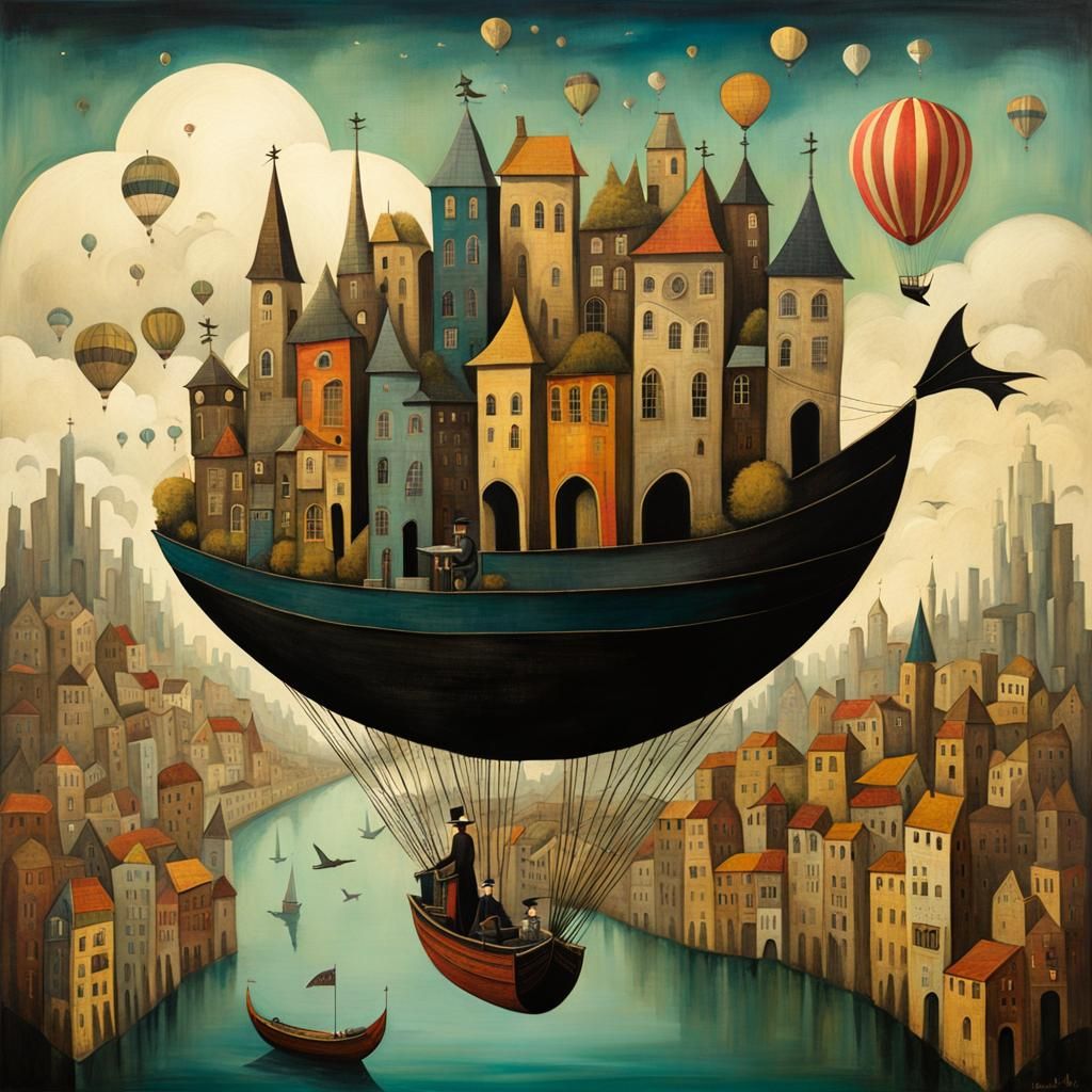 Surreal Wandering City on Aircraft, Collage Style