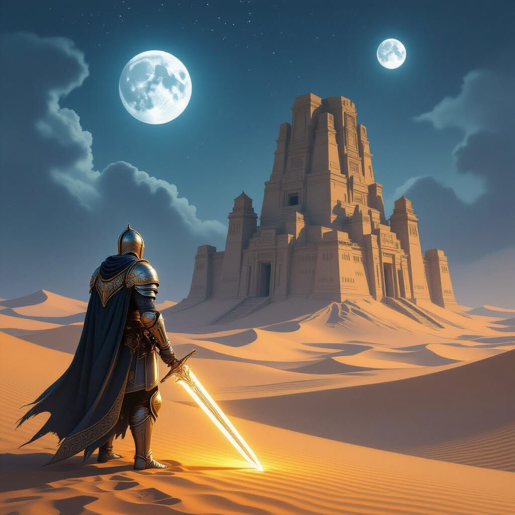 Knight in Shimmering Desert Under Twin Moons