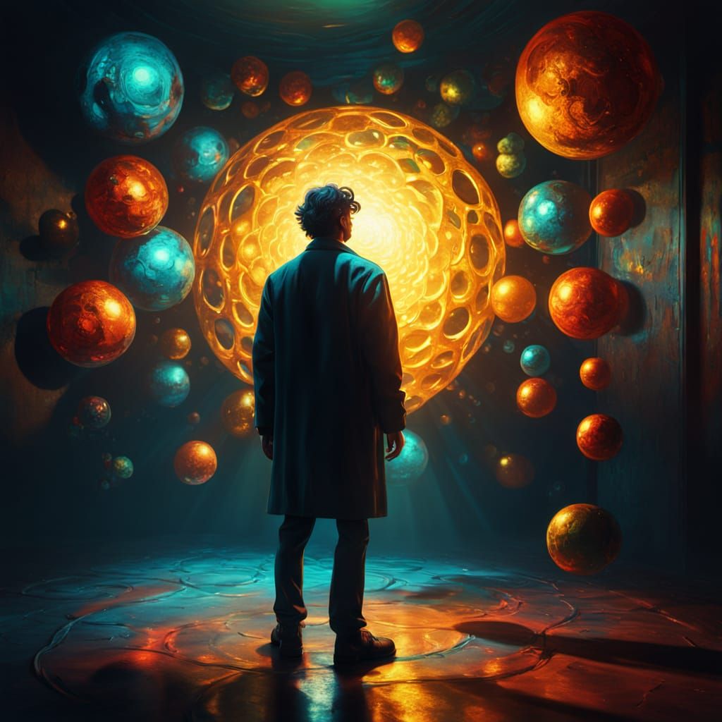 Surreal Man in Dark Room With Glowing Orbs