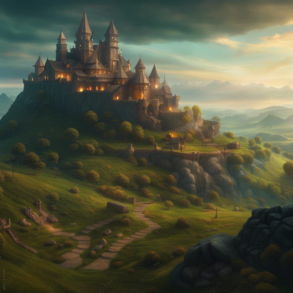 Epic Mage's Guild in a Cinematic Fantasy Landscape