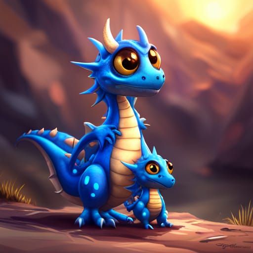 cute big eyed tiny blue dragon and its  babies