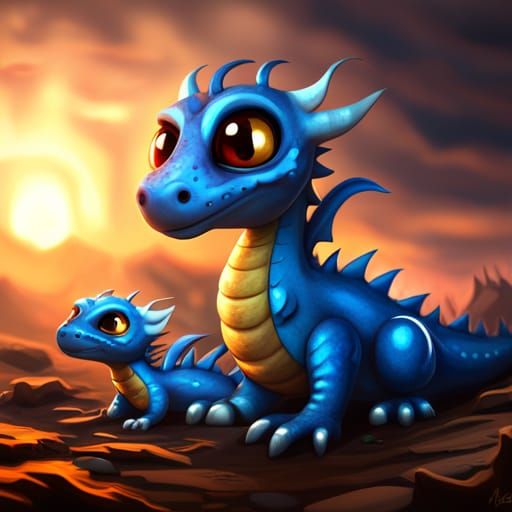 cute big eyed tiny blue dragon and its  babies