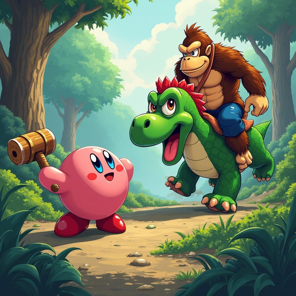 Kirby Battles Donkey Kong on Yoshi in Vibrant Jungle