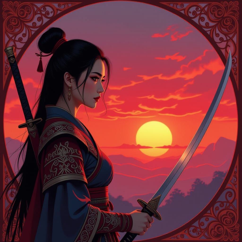 Warrior Woman Gazing at Twilight Sunset in Art Nouveau