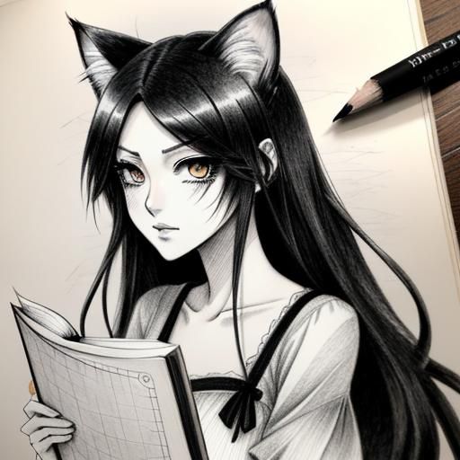 Gothic Nekomimi Cat-Girl in Anime Pencil Sketch