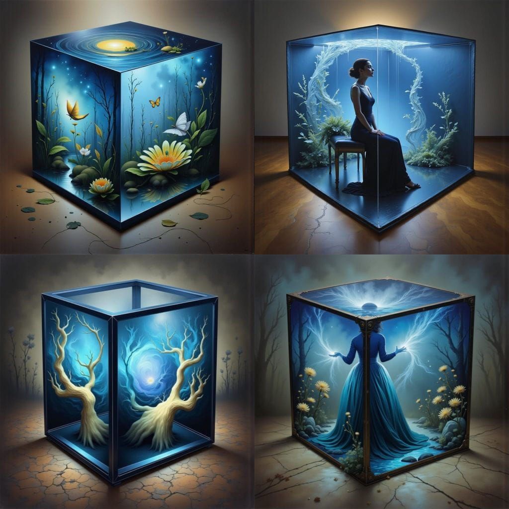 Fantasy World Encased in a Cube on a Desk