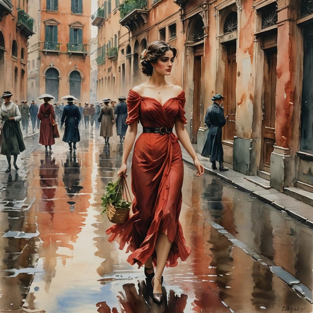 Italian Woman Walking in Rome, Impressionist Watercolor