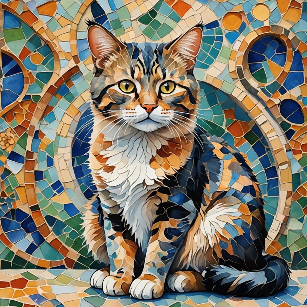 Cat Detailed in Gaudi Style, Gouache and Watercolor